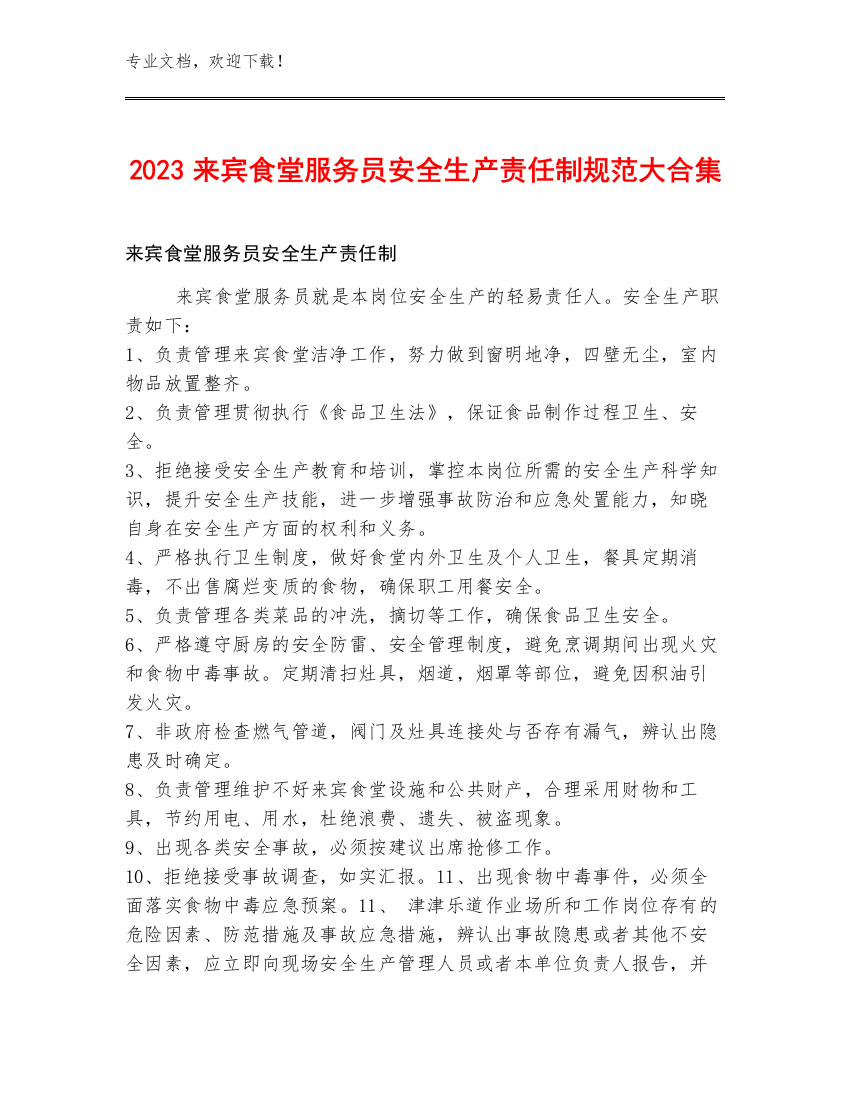 2023来宾食堂服务员安全生产责任制规范大合集