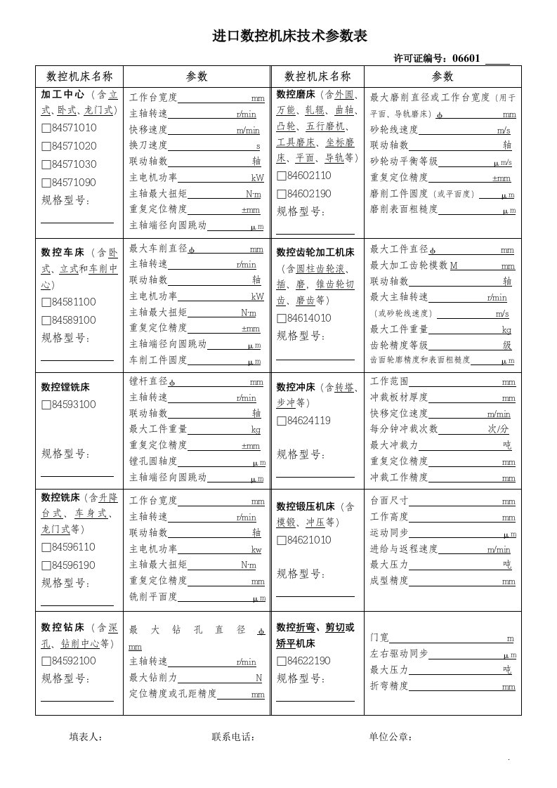 进口数控机床技术参数表