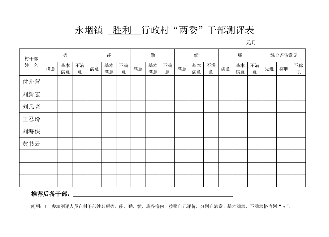 行政村两委干部测评表样本