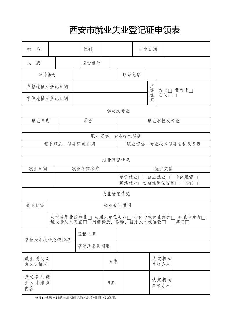 西安市就业失业登记证申领表