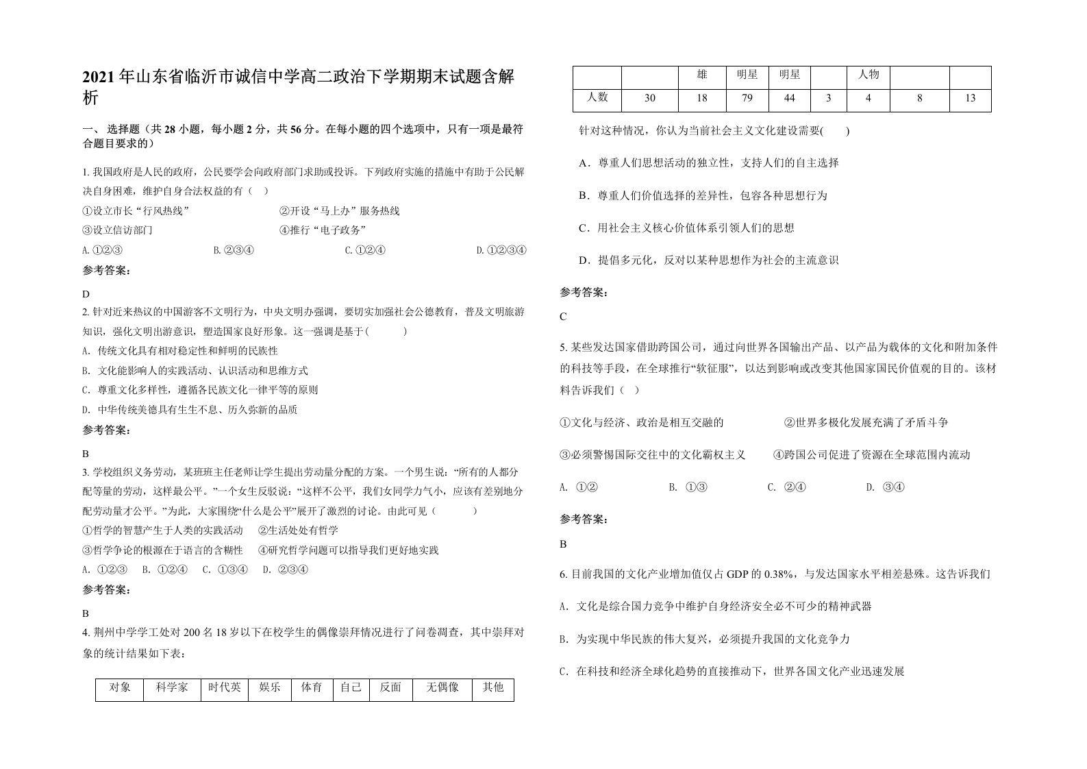 2021年山东省临沂市诚信中学高二政治下学期期末试题含解析