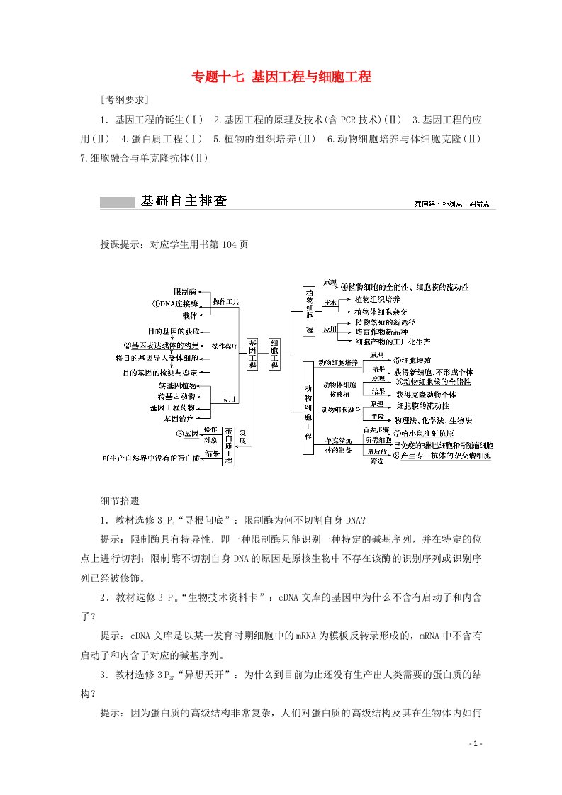 2021届高考生物二轮复习专题十七基因工程与细胞工程学案