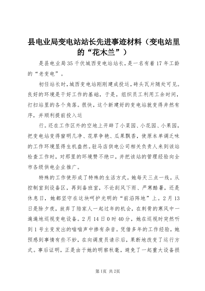 县电业局变电站站长先进事迹材料（变电站里的“花木兰”）