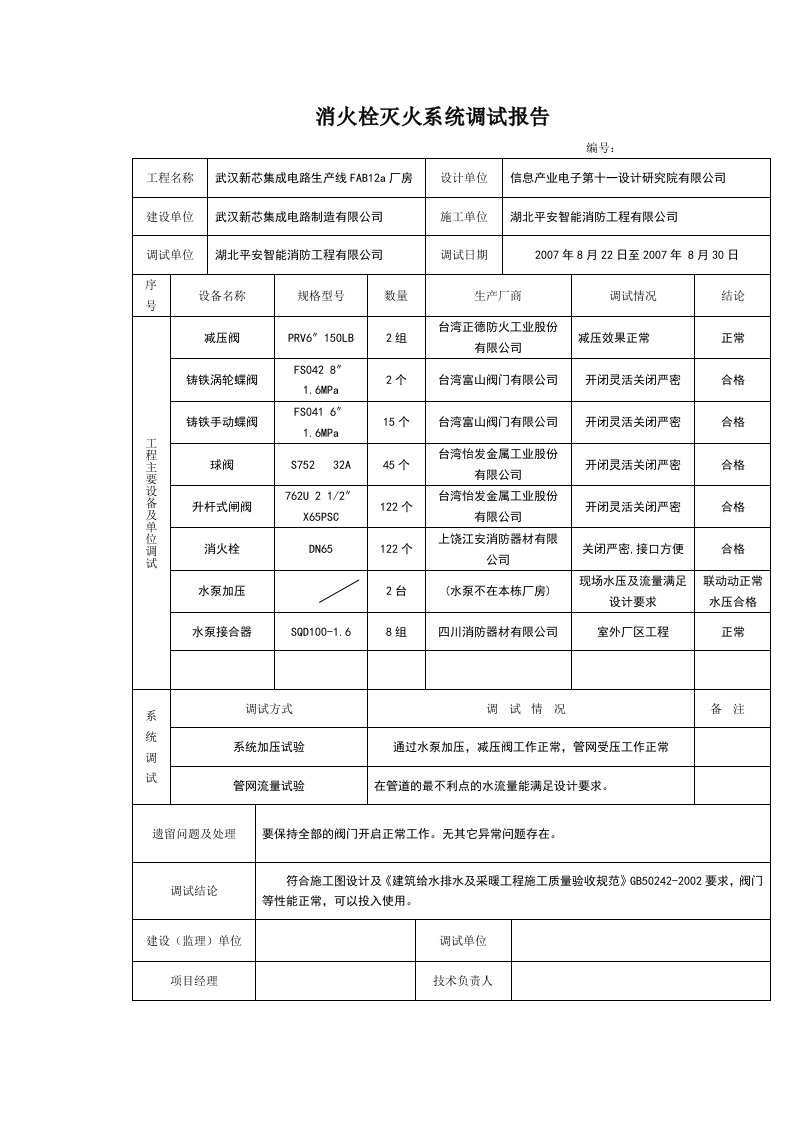 消火栓灭火系统调试报告