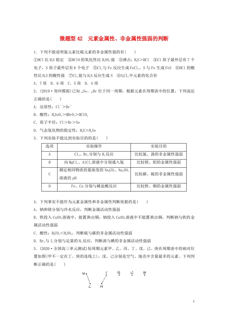 2022新高考化学一轮复习微专题42元素金属性非金属性强弱的判断