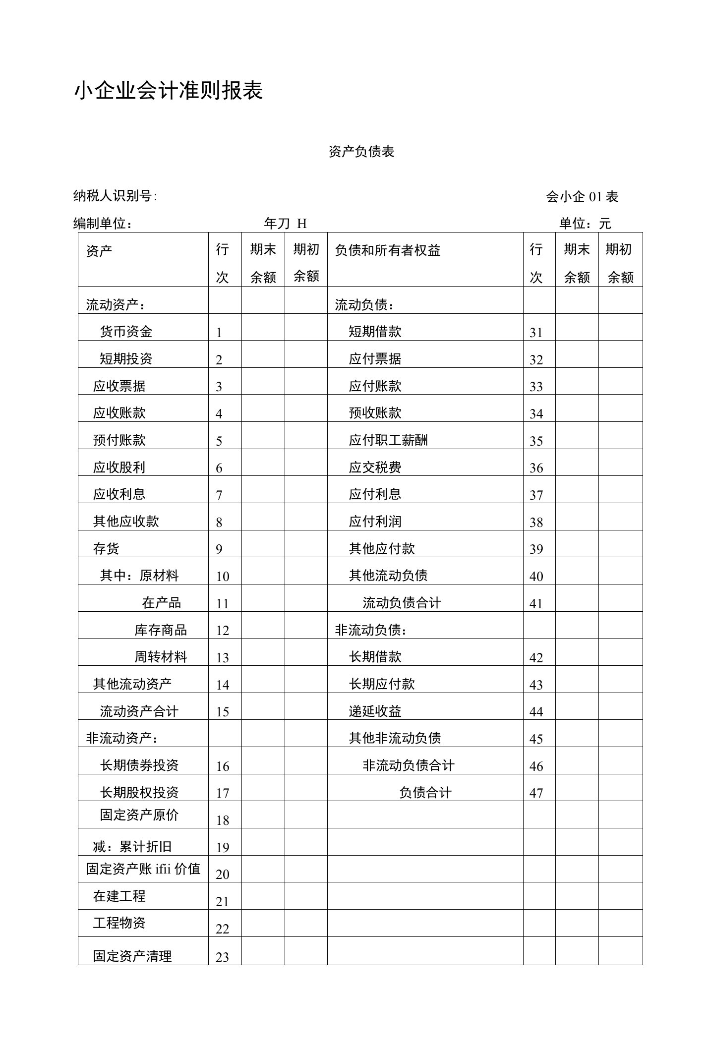 小企业会计准则财务报表