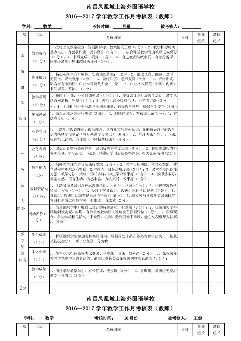 样本教师月考核自评表