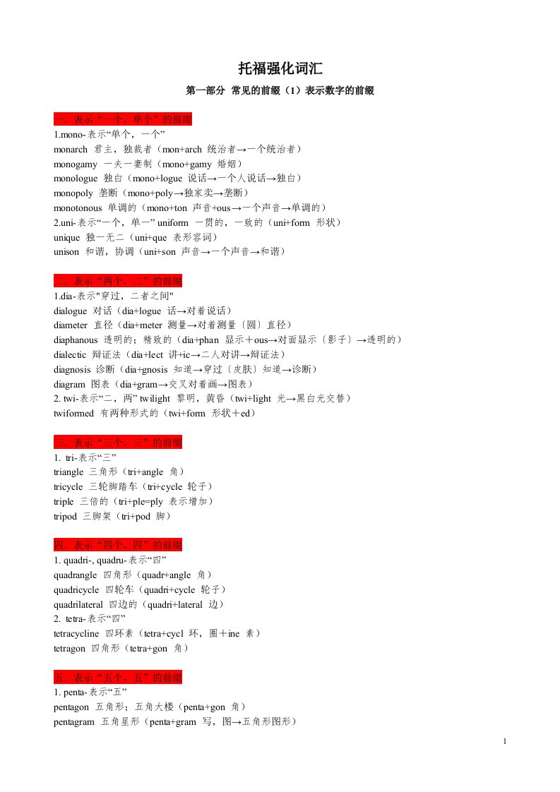 托福强化词汇第一部分常见的前缀