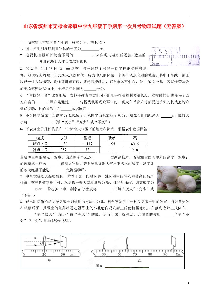 山东省滨州市无棣佘家镇中学九级物理下学期第一次月考试题（无答案）