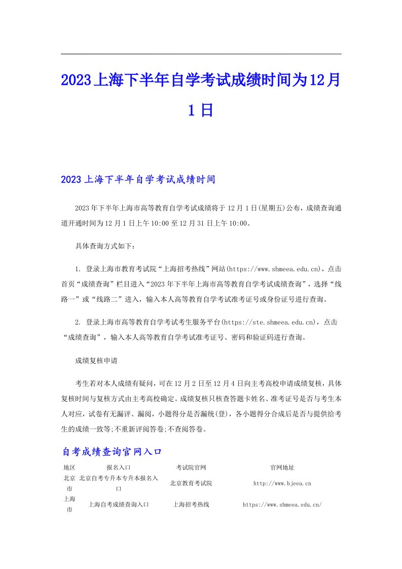 2023上海下半年自学考试成绩时间为12月1日