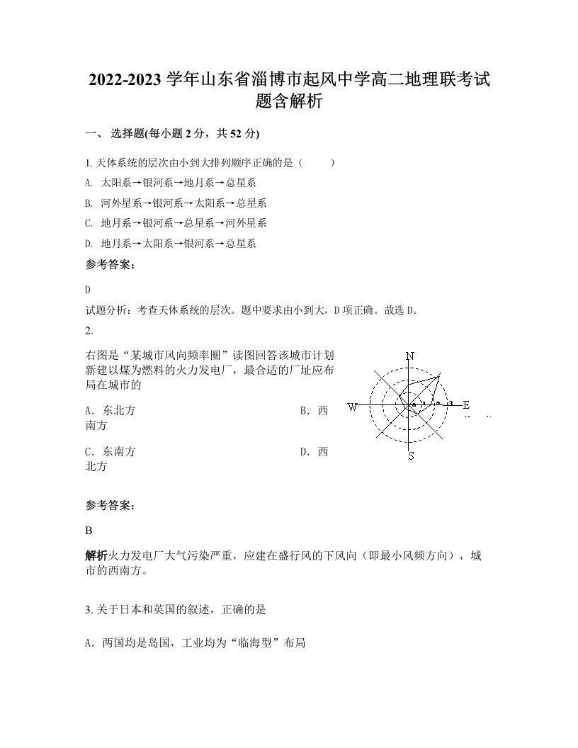 2022-2023学年山东省淄博市起风中学高二地理联考试题含解析