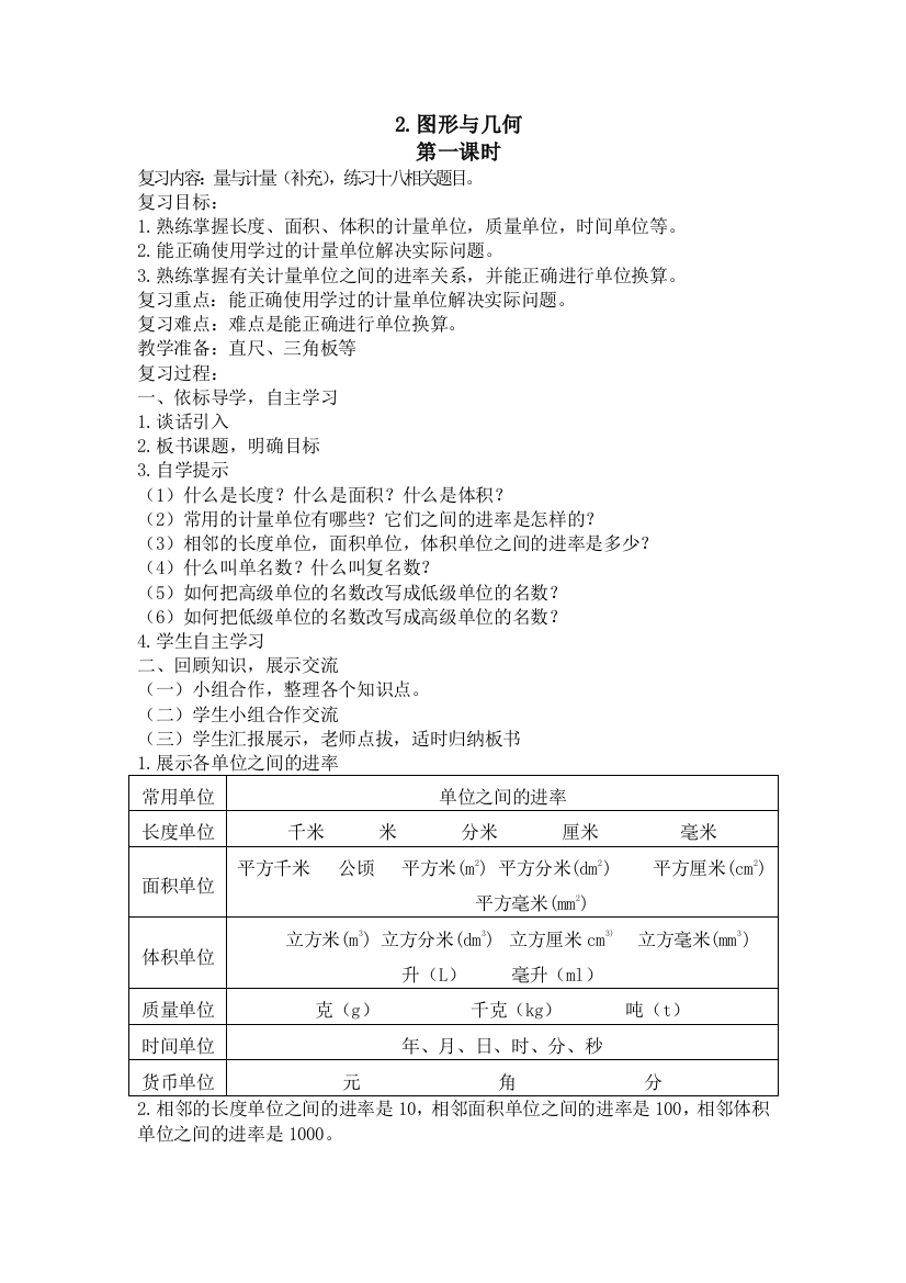 人教六年级下册数学图形与几何教学设计