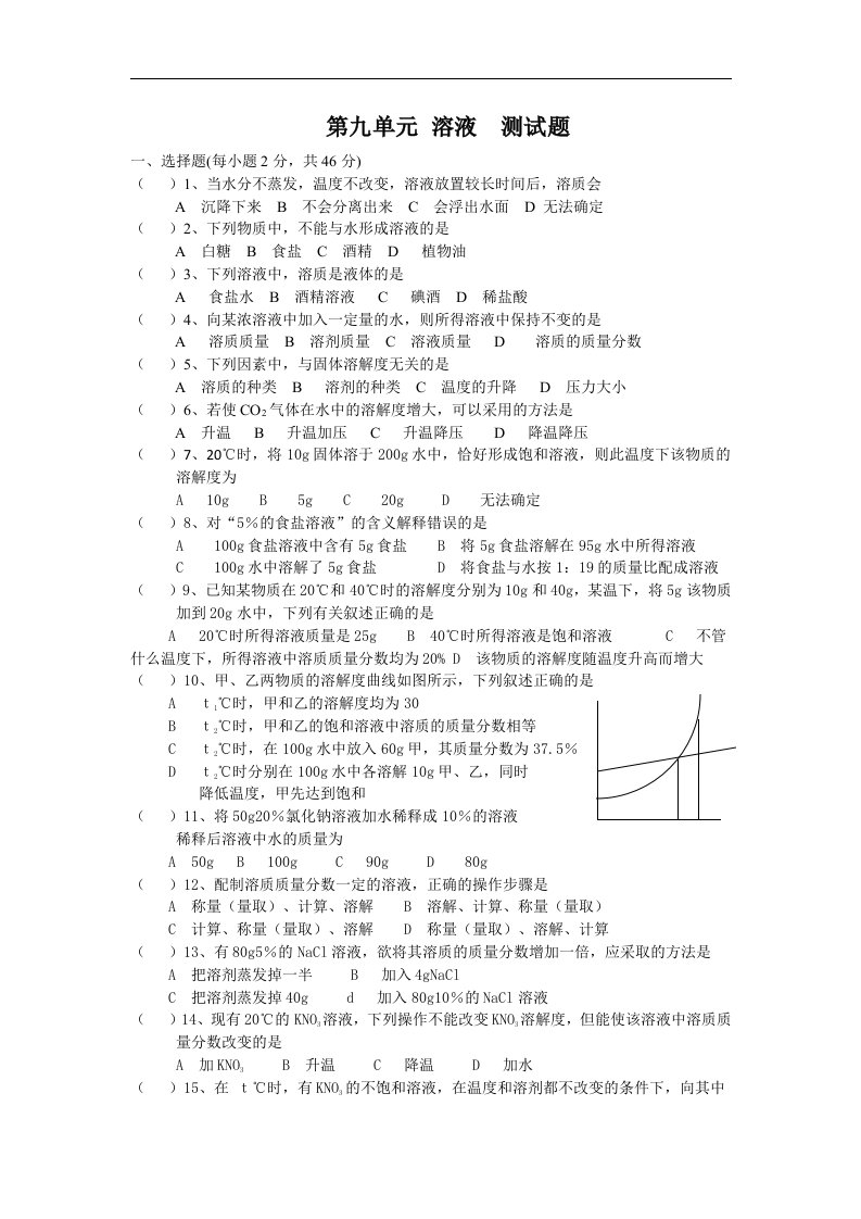 人教版化学九年《溶液》（单元）同步测试题六