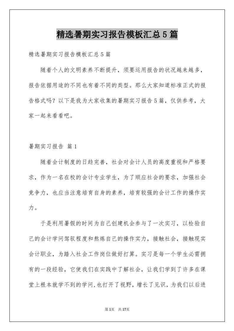 暑期实习报告模板汇总5篇