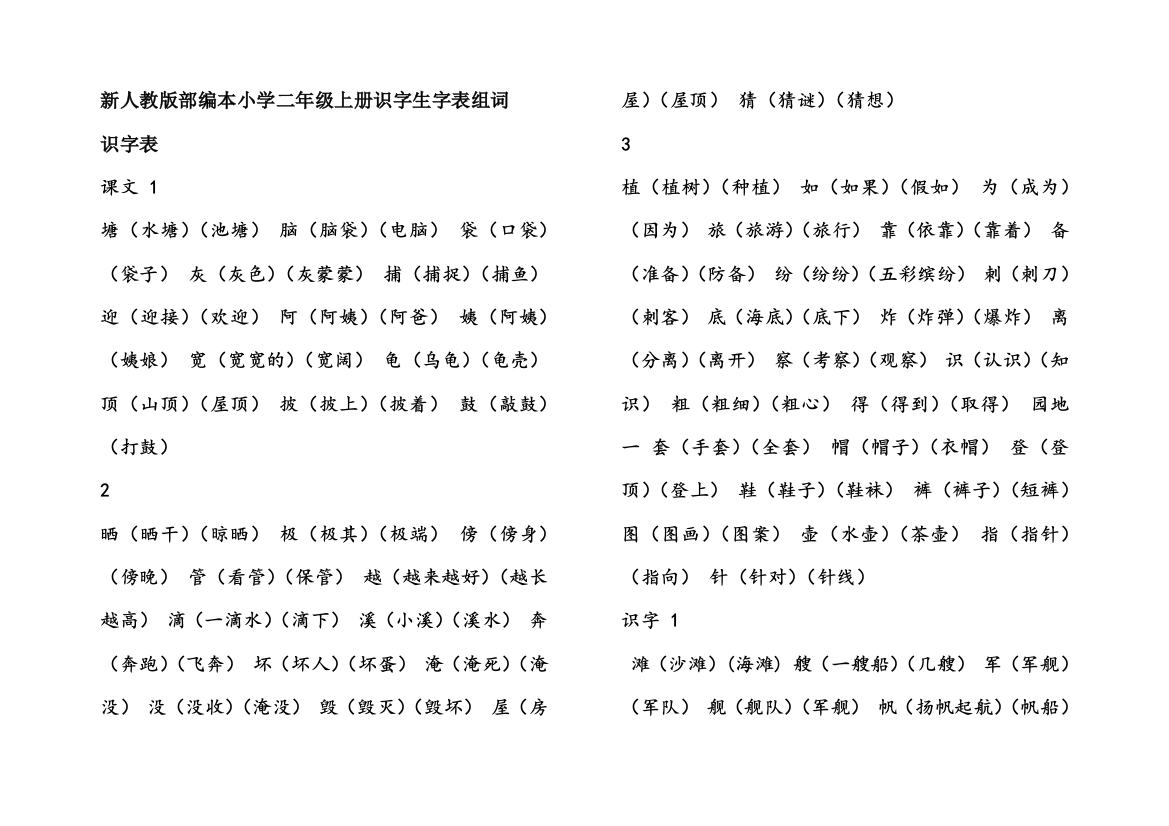 新人教版部编本小学二年级的上册识字生字表组词