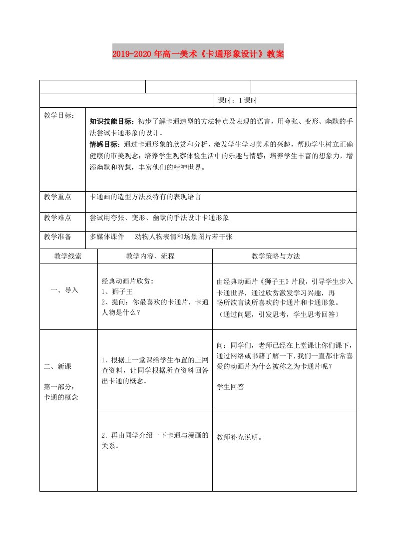 2019-2020年高一美术《卡通形象设计》教案