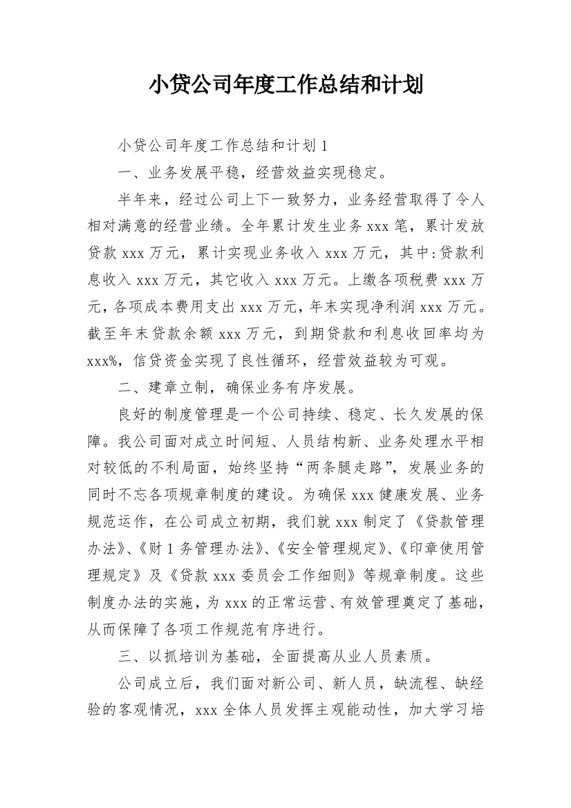 小贷公司年度工作总结和计划