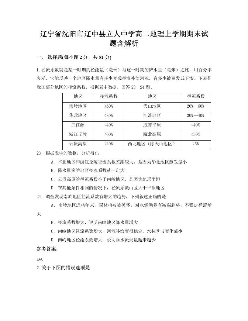 辽宁省沈阳市辽中县立人中学高二地理上学期期末试题含解析