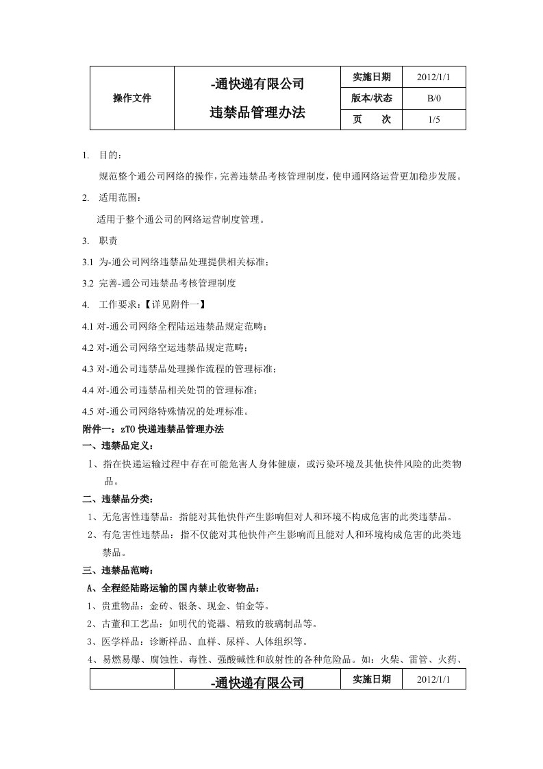 四通一达快递公司违禁品管理办法