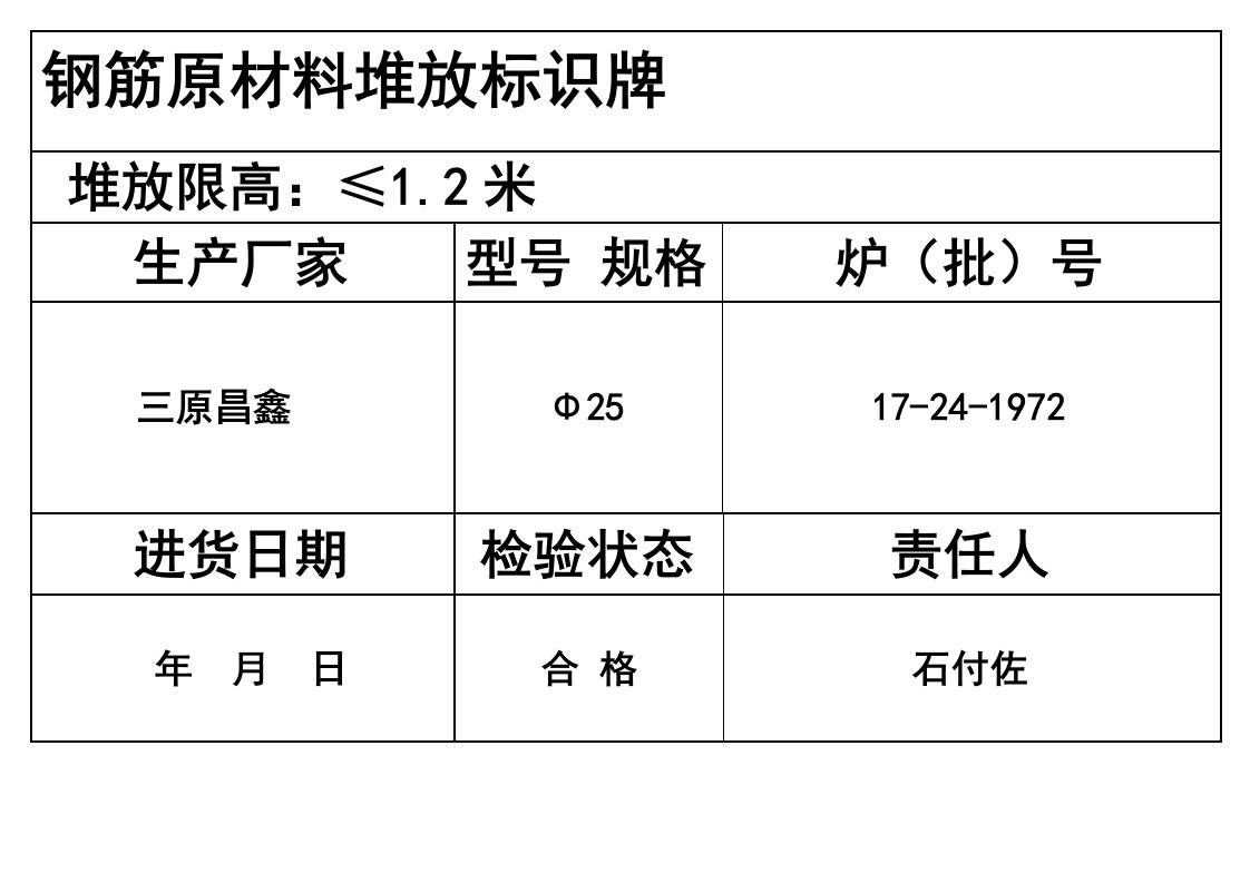 钢筋原材料堆放标识牌