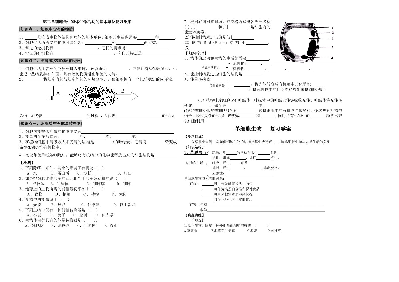 初一生物第二章细胞是生物体生命活动的基本单位复习学案