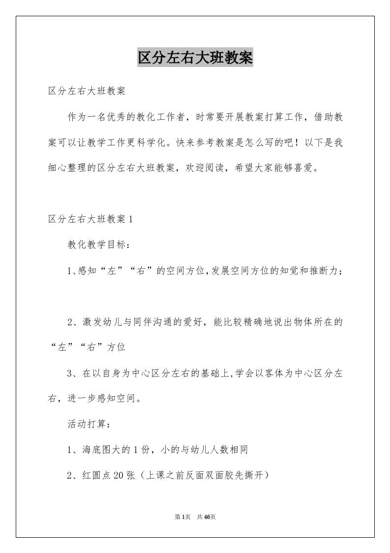 区分左右大班教案精选