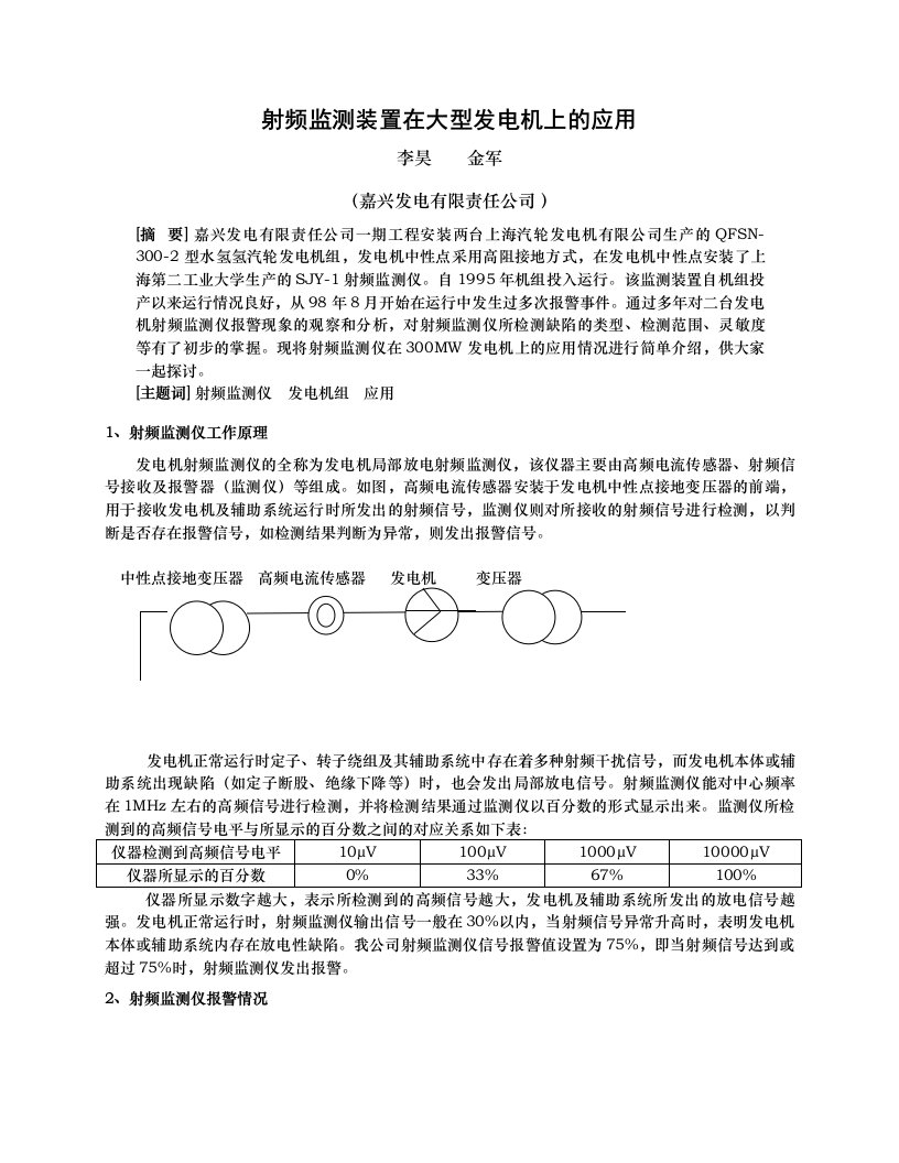 射频监测装置在大型发电机上的应用