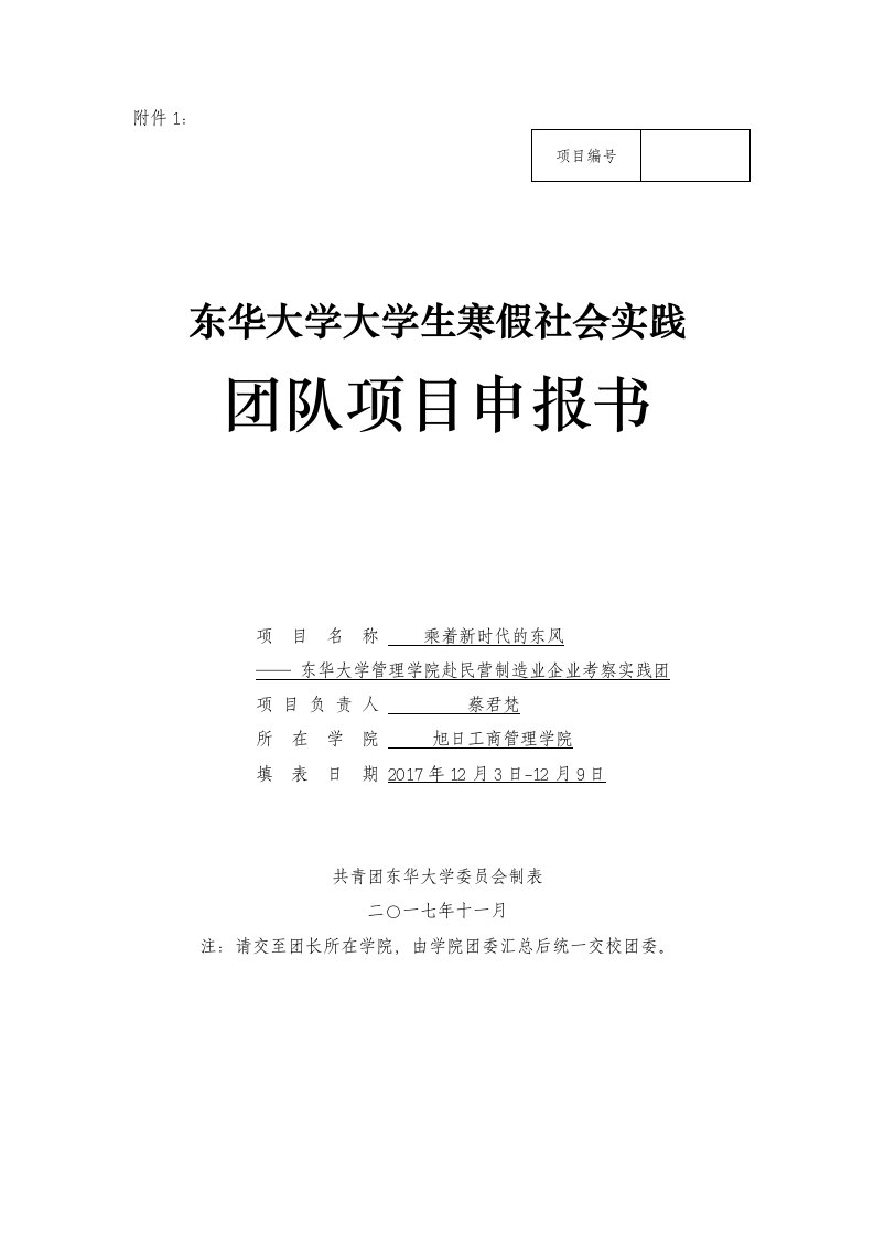 东华大学大学生寒假社会实践团队项目申报书