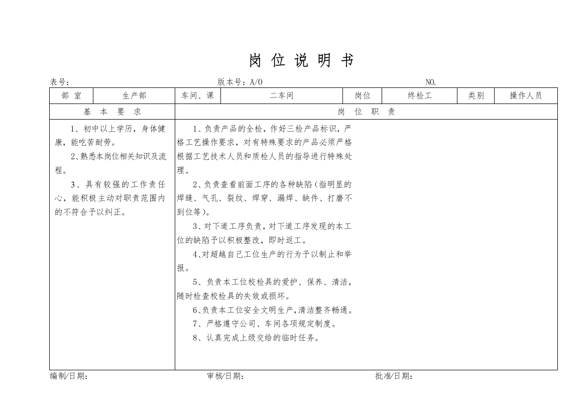 某大型摩配企业终检工岗位说明书