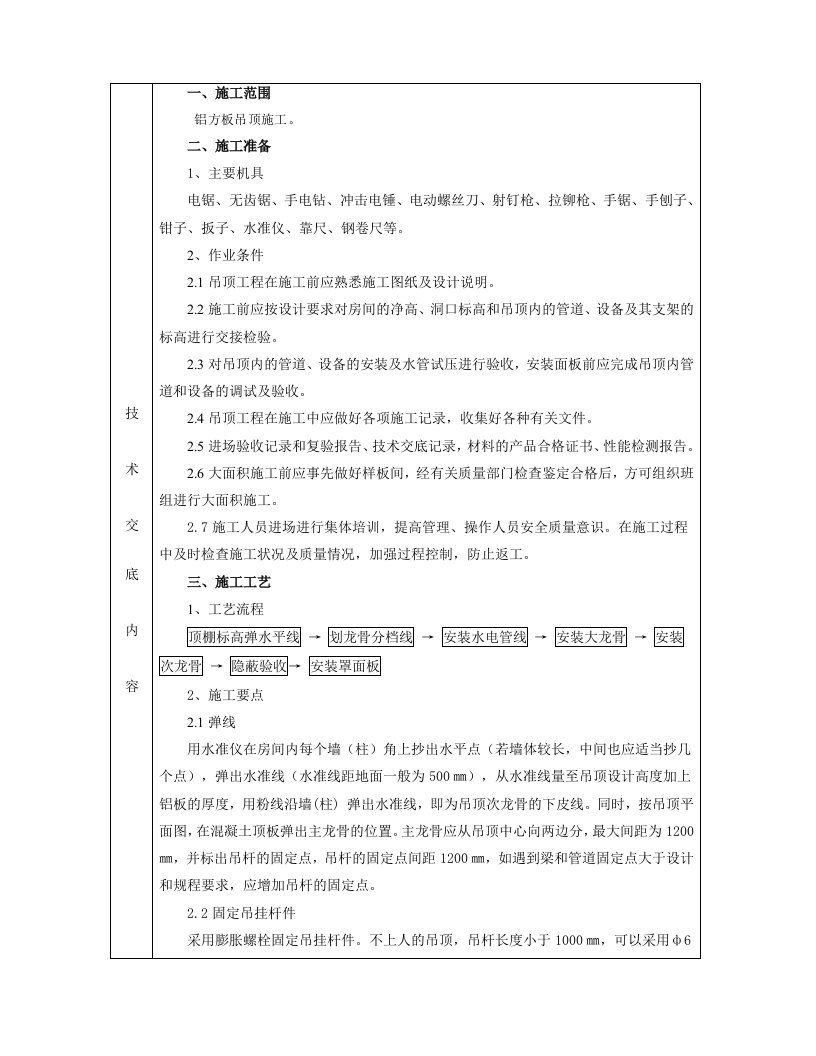 技术交底铝合金方板吊顶资料