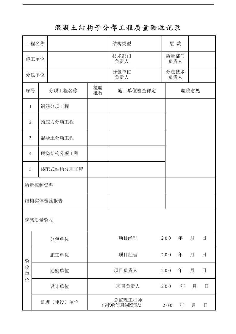 建筑资料-混凝土结构子分部工程质量验收记录