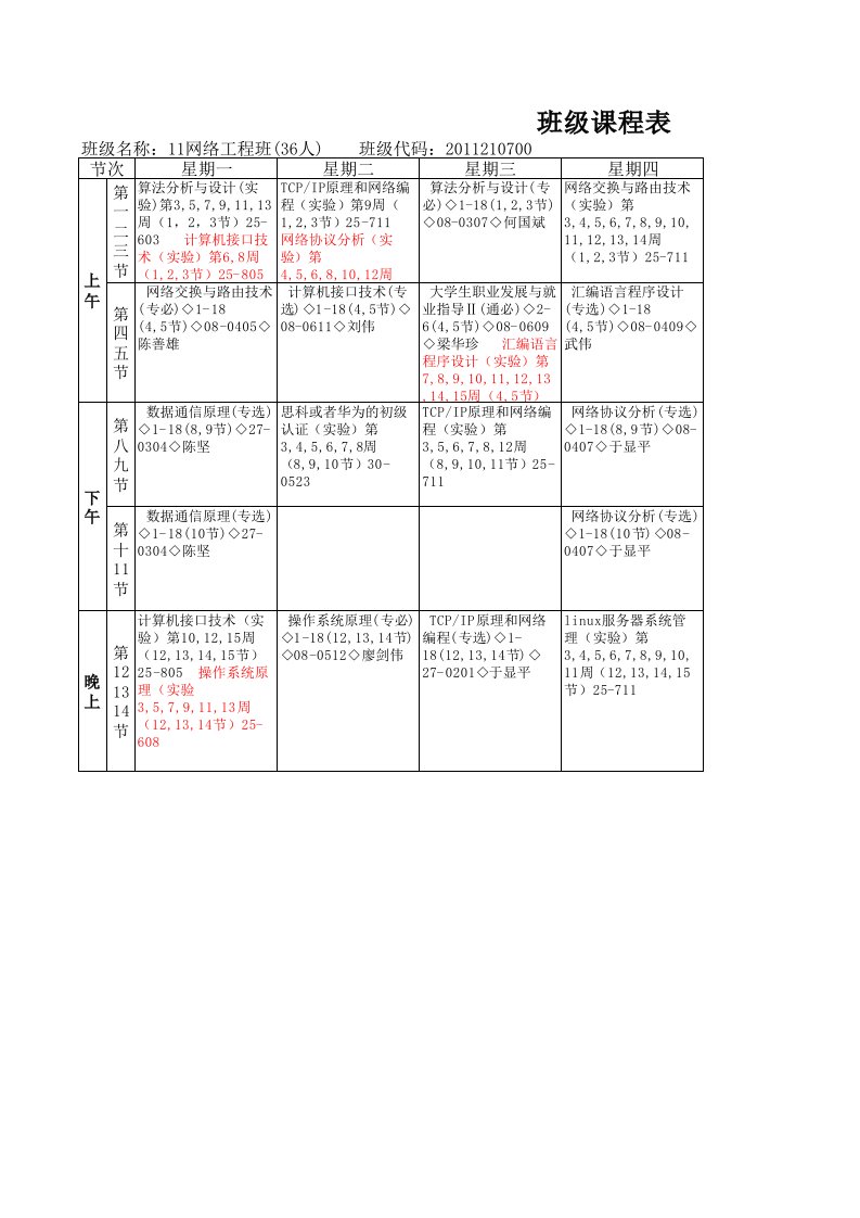 11级网络工程班课程表-马宇星