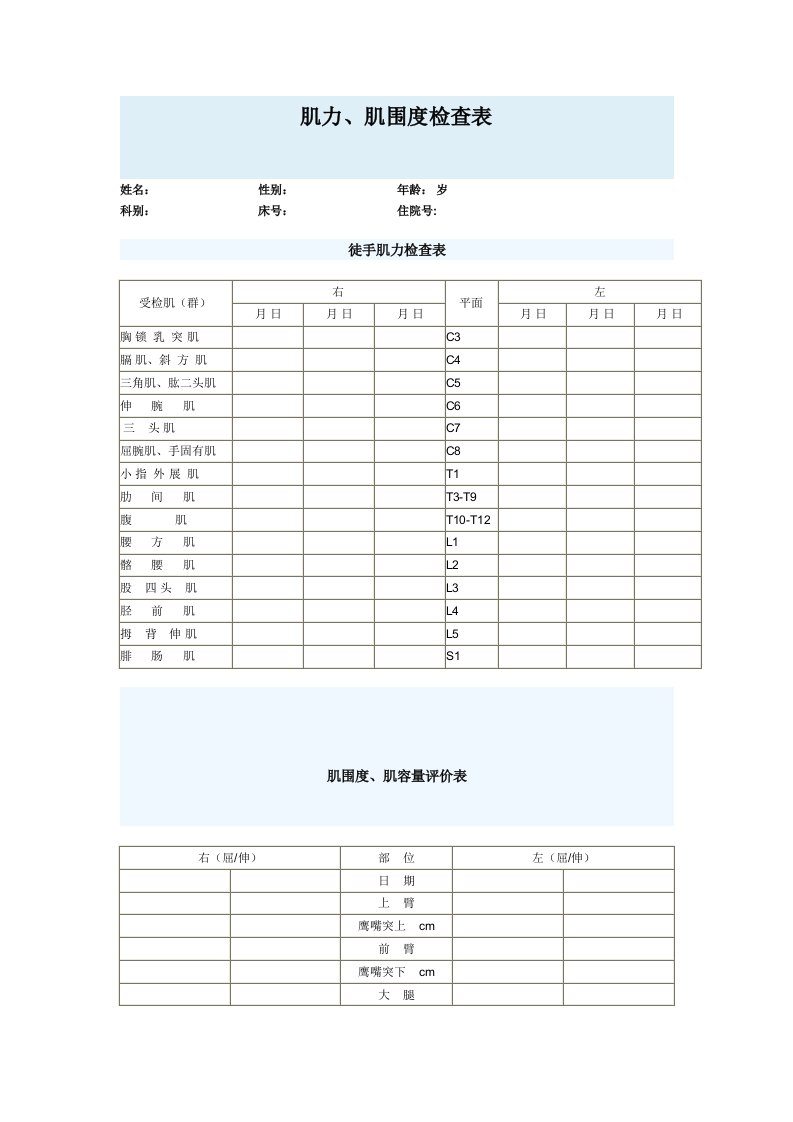 肌力、肌围度检查表