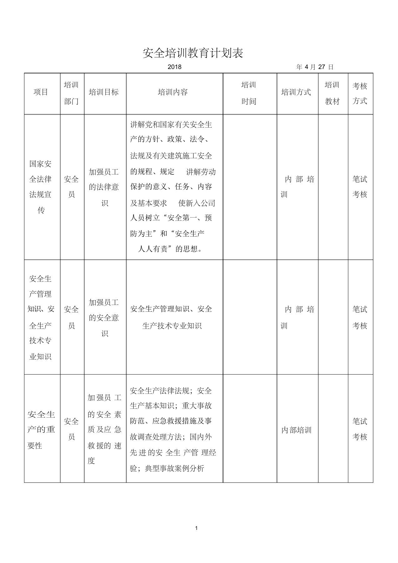 安全生产教育培训计划表2