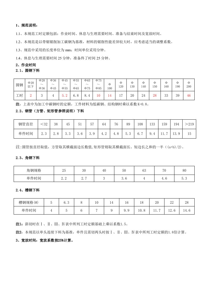 工时定额编制规范锯床下料