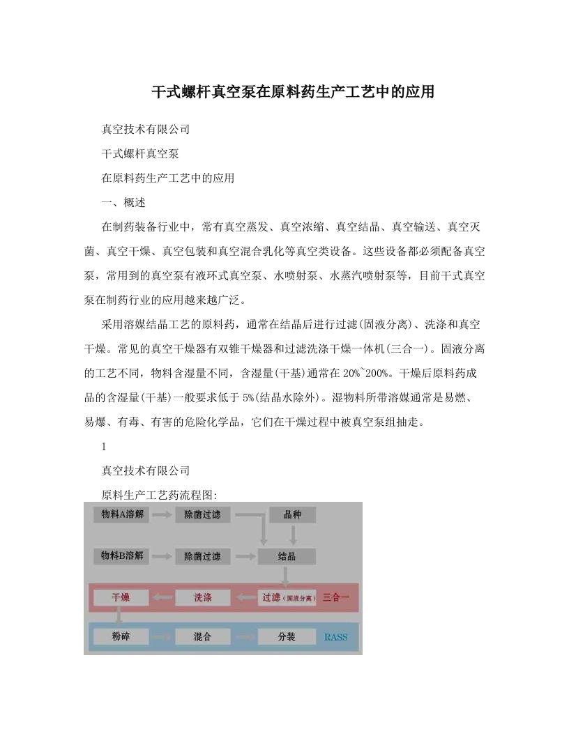 干式螺杆真空泵在原料药生产工艺中的应用