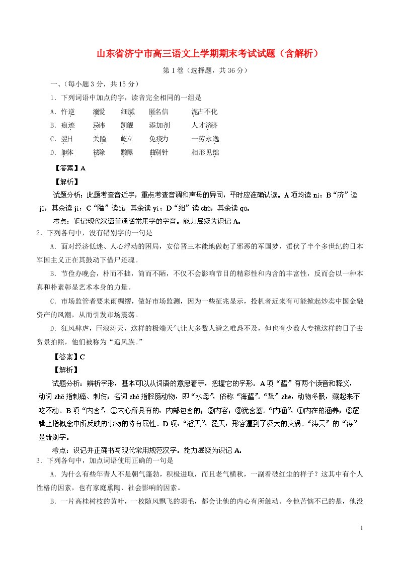 山东省济宁市高三语文上学期期末考试试题（含解析）