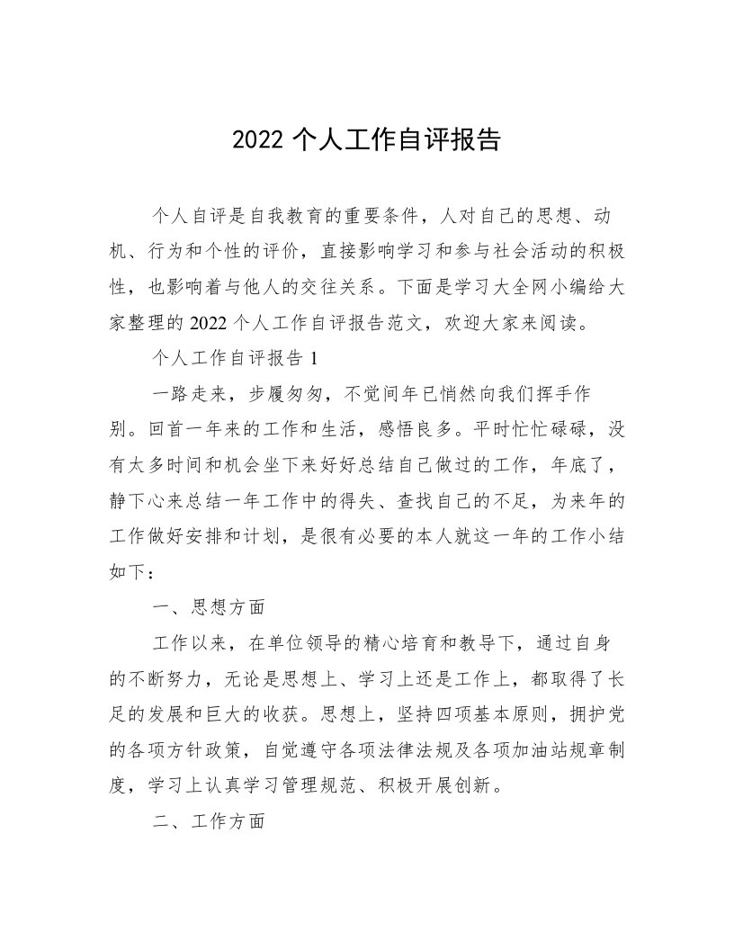 2022个人工作自评报告