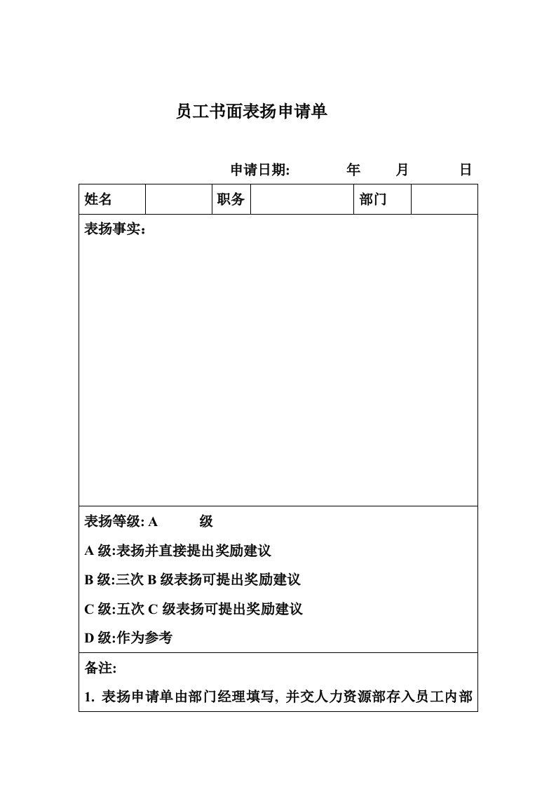 员工书面表扬申请单