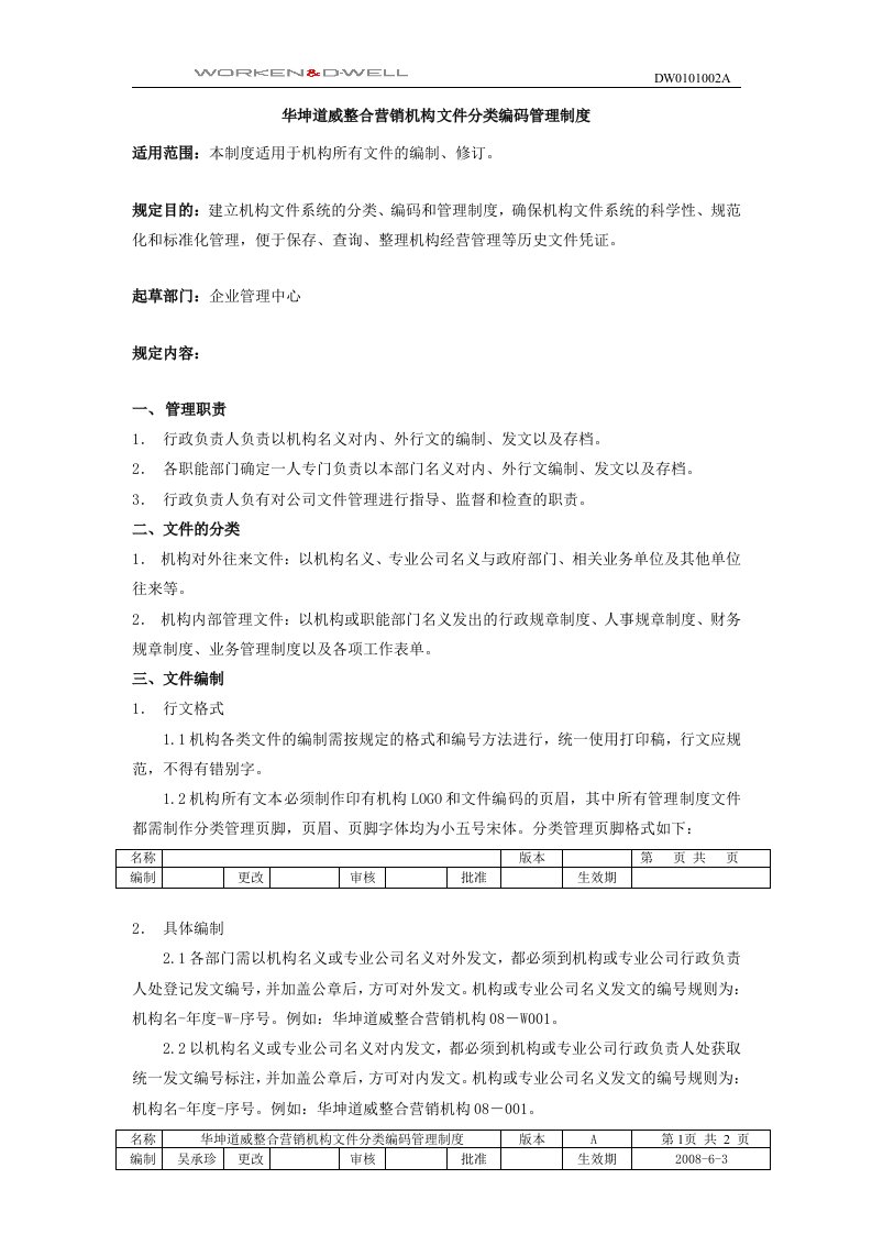 华坤道威整合营销机构文件分类编码管理制度