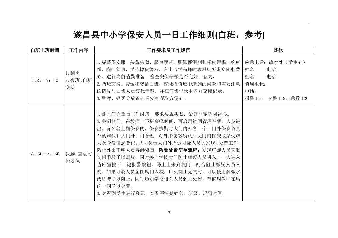 遂昌县中小学保安人员一日工作细则(白班,参考)