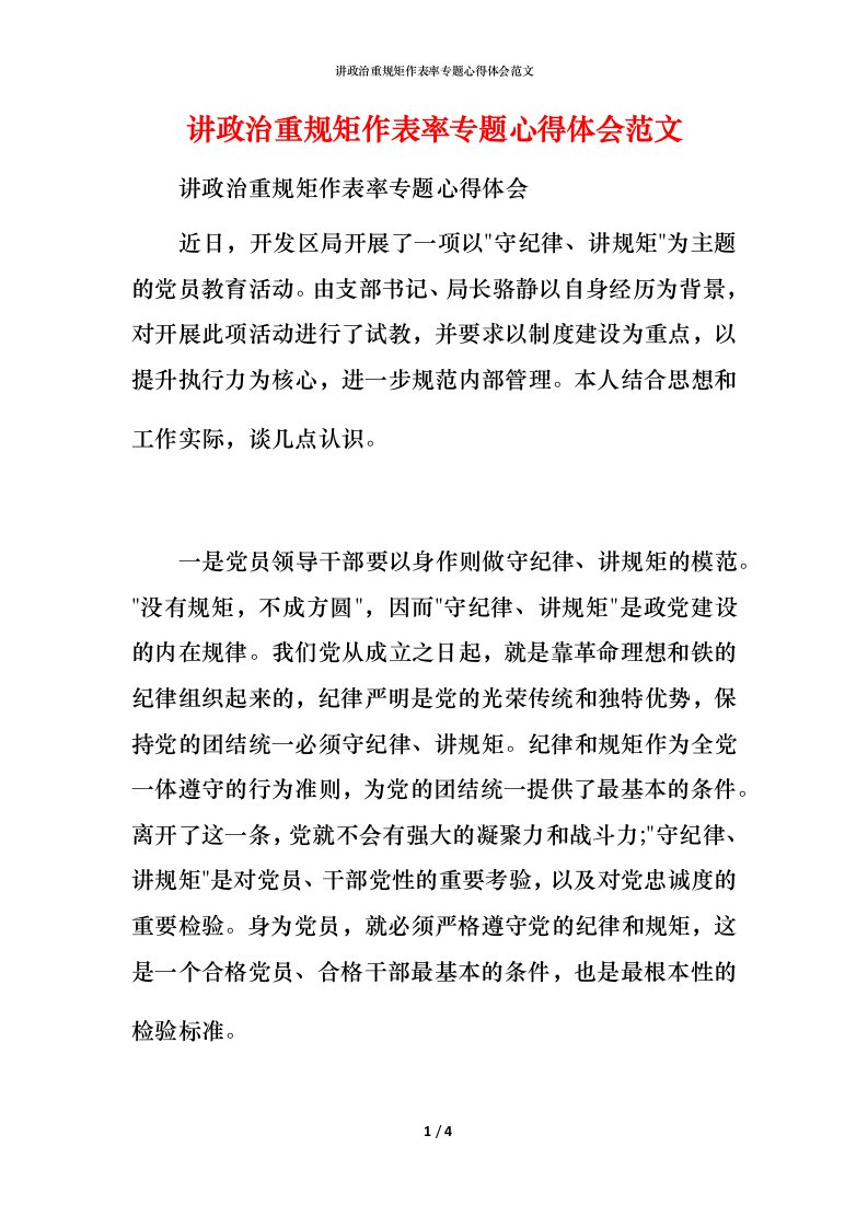 讲政治重规矩作表率专题心得体会范文