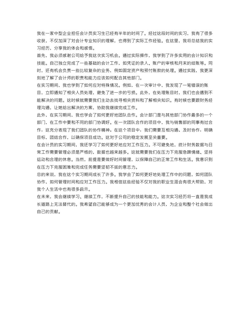 会计员实习期工作总结范文