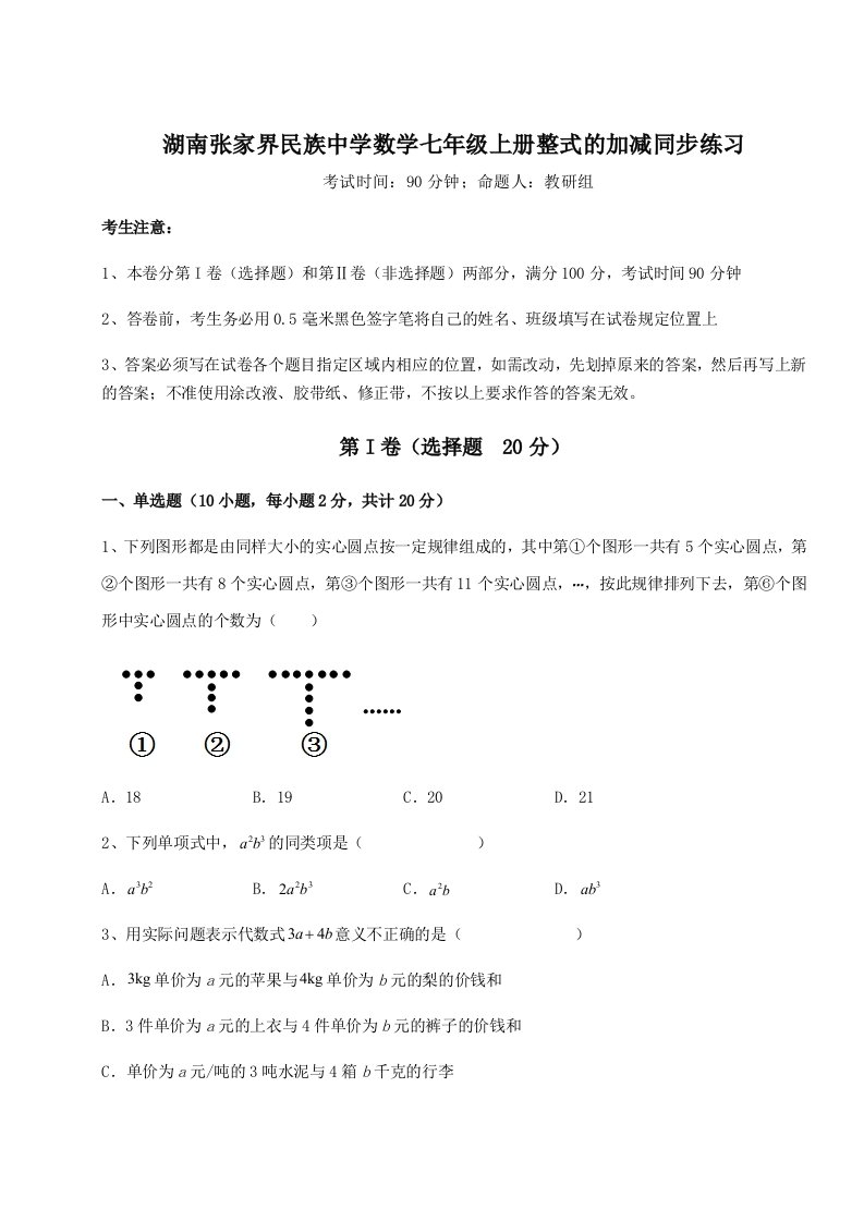 湖南张家界民族中学数学七年级上册整式的加减同步练习试题（含详细解析）