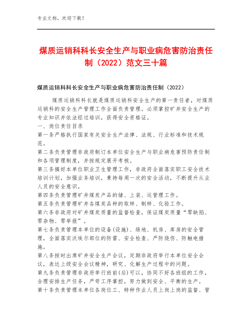 煤质运销科科长安全生产与职业病危害防治责任制（2022）范文三十篇