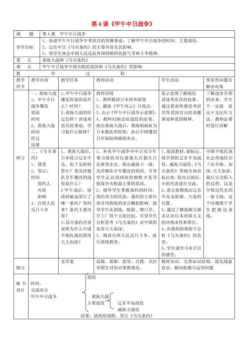 吉林省通化市外国语学校八年级历史上册第4课甲午中日战争导学案无答案新人教版