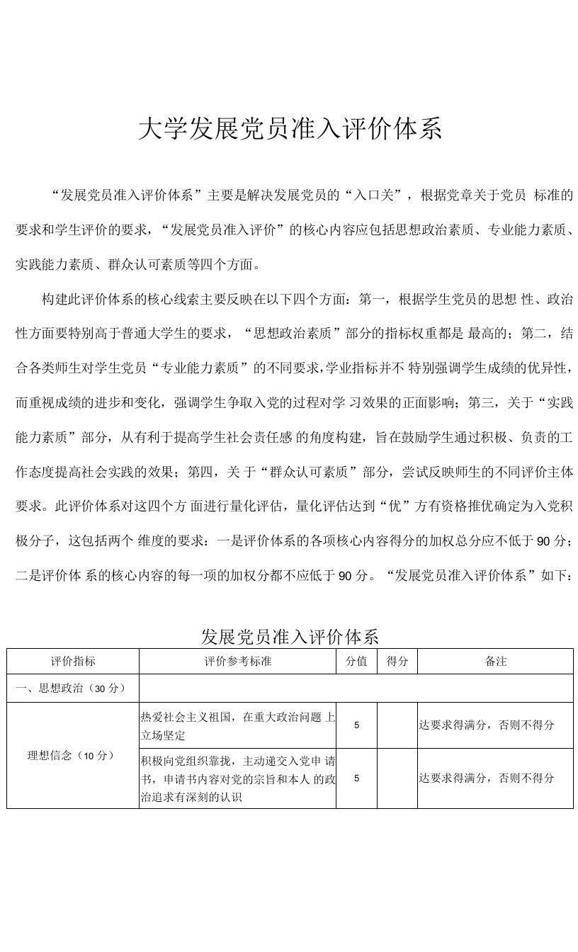 大学发展党员准入评价体系