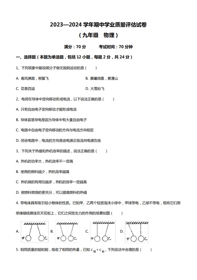 2023-2024学年九年级上学期期中物理考试试卷