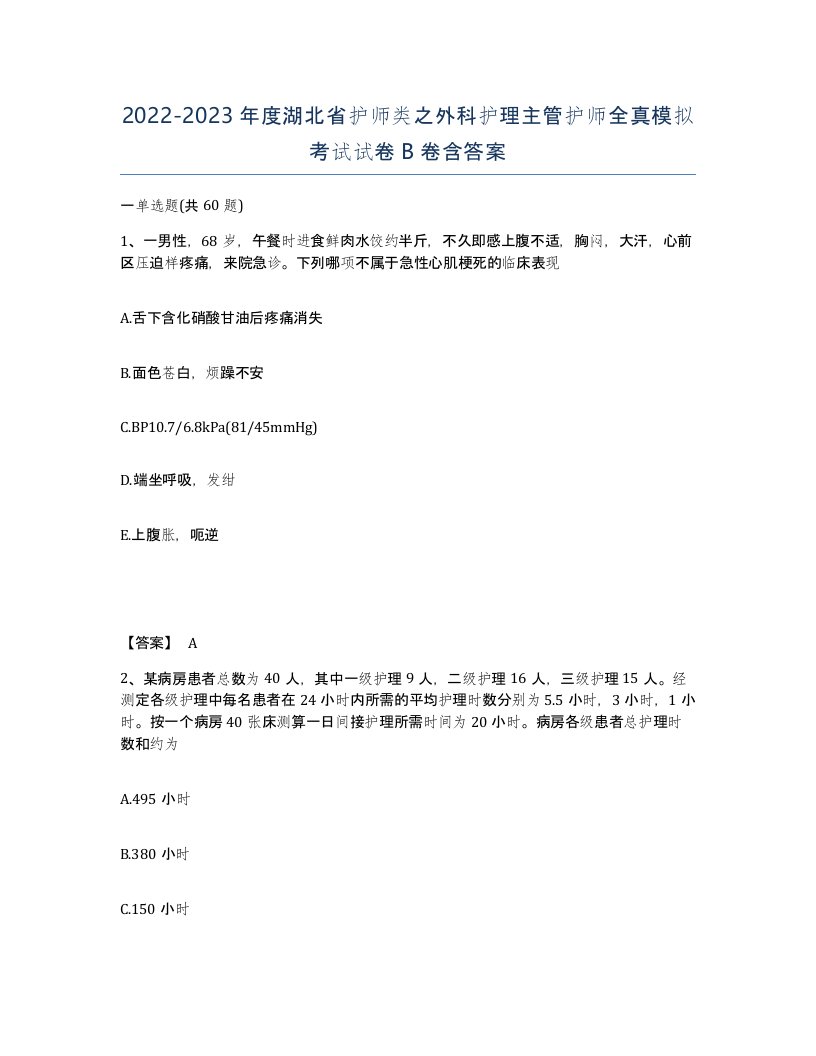 2022-2023年度湖北省护师类之外科护理主管护师全真模拟考试试卷B卷含答案