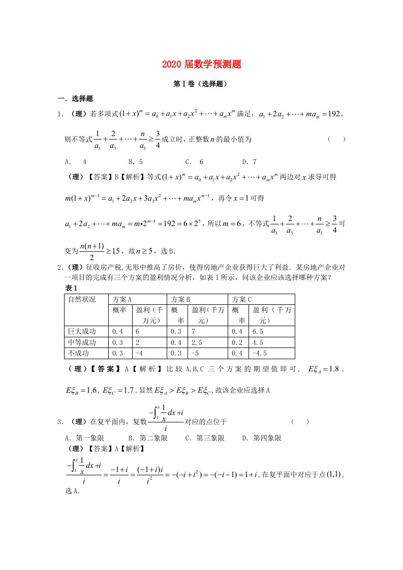 2020高考数学预测题大纲版通用